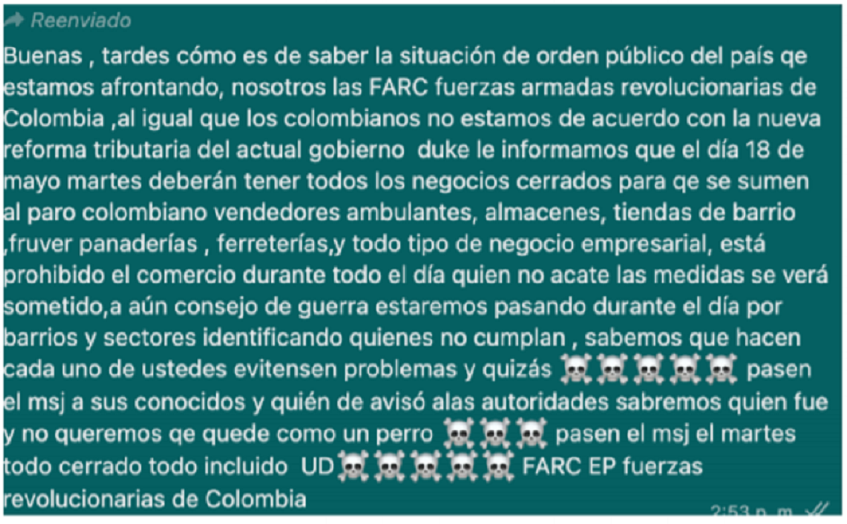 Amenaza a comerciantes de Bogotá