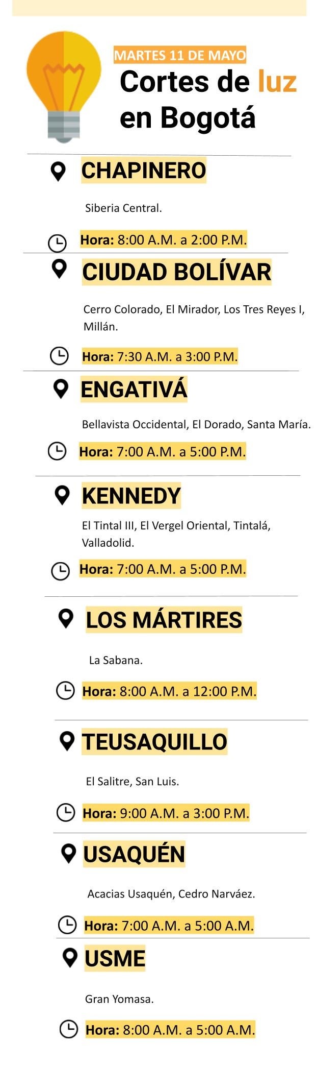 Cortes de luz en Bogotá para el 11 de mayo