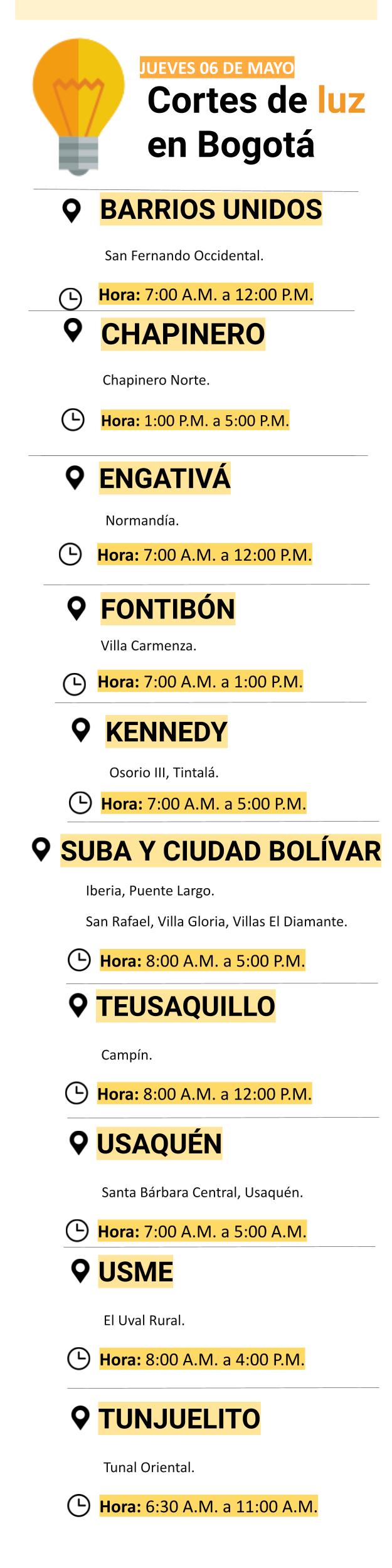 Cortes de luz en Bogotá para el jueves 06 de mayo