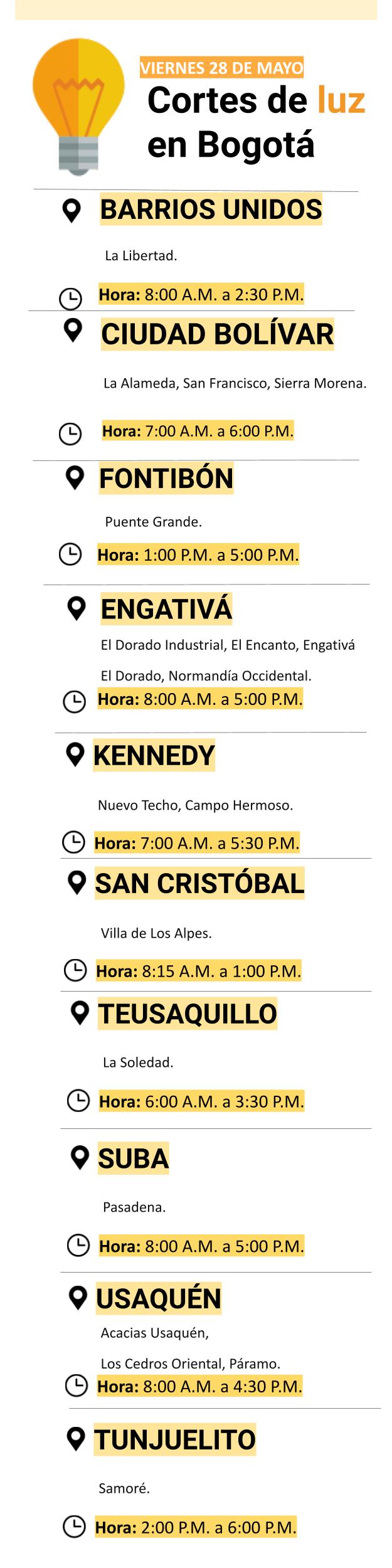 Cortes de luz para el viernes 28 de mayo en Bogotá