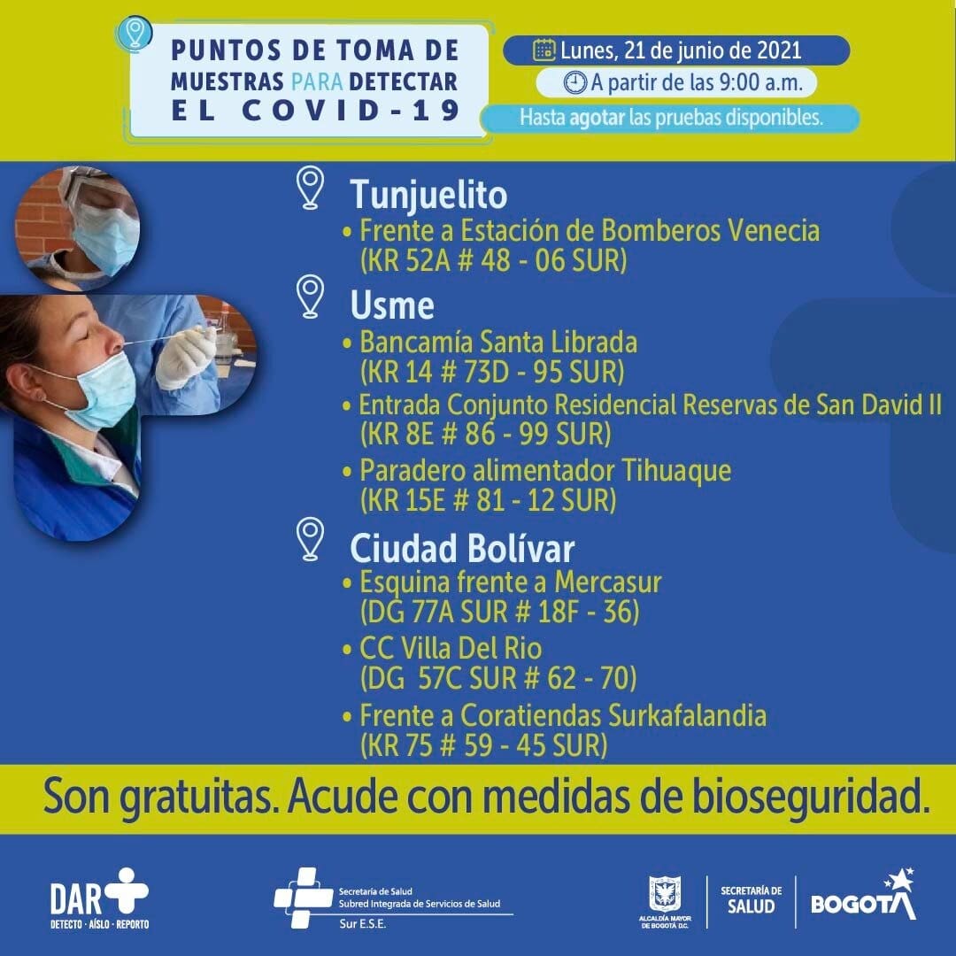 Lugares para hacerse pruebas covid en Bogotá el 21 de junio