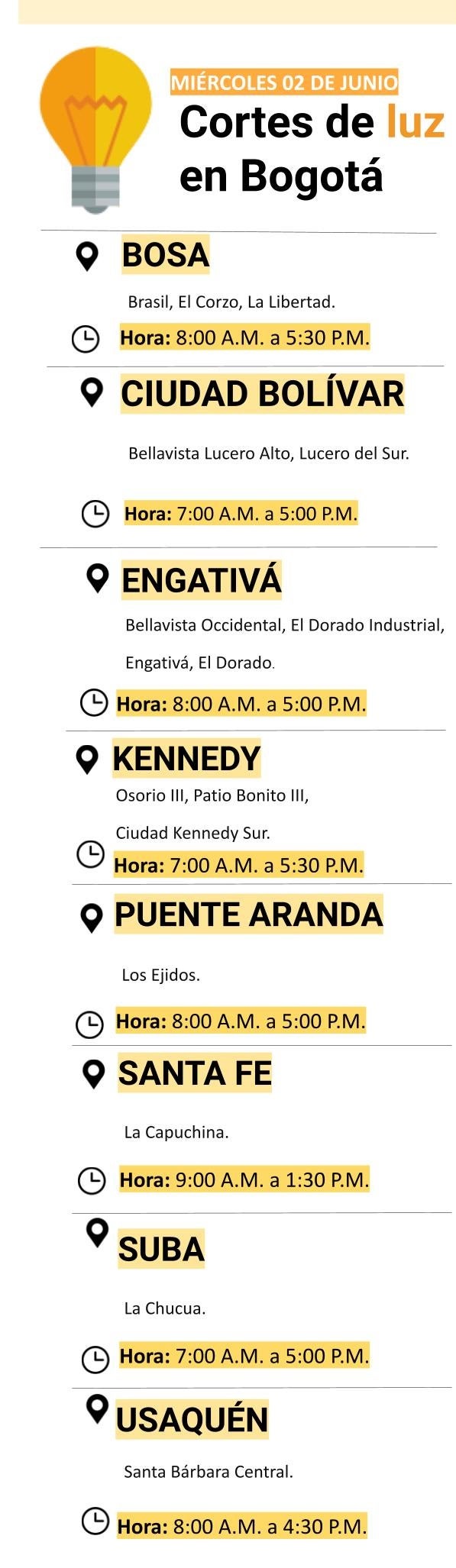 Cortes de luz para el miércoles 02 de junio