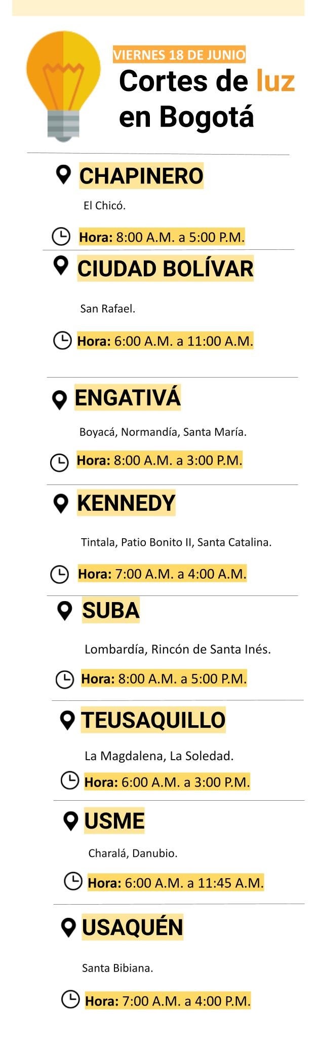 Cortes de luz para el viernes 18 de junio en Bogotá