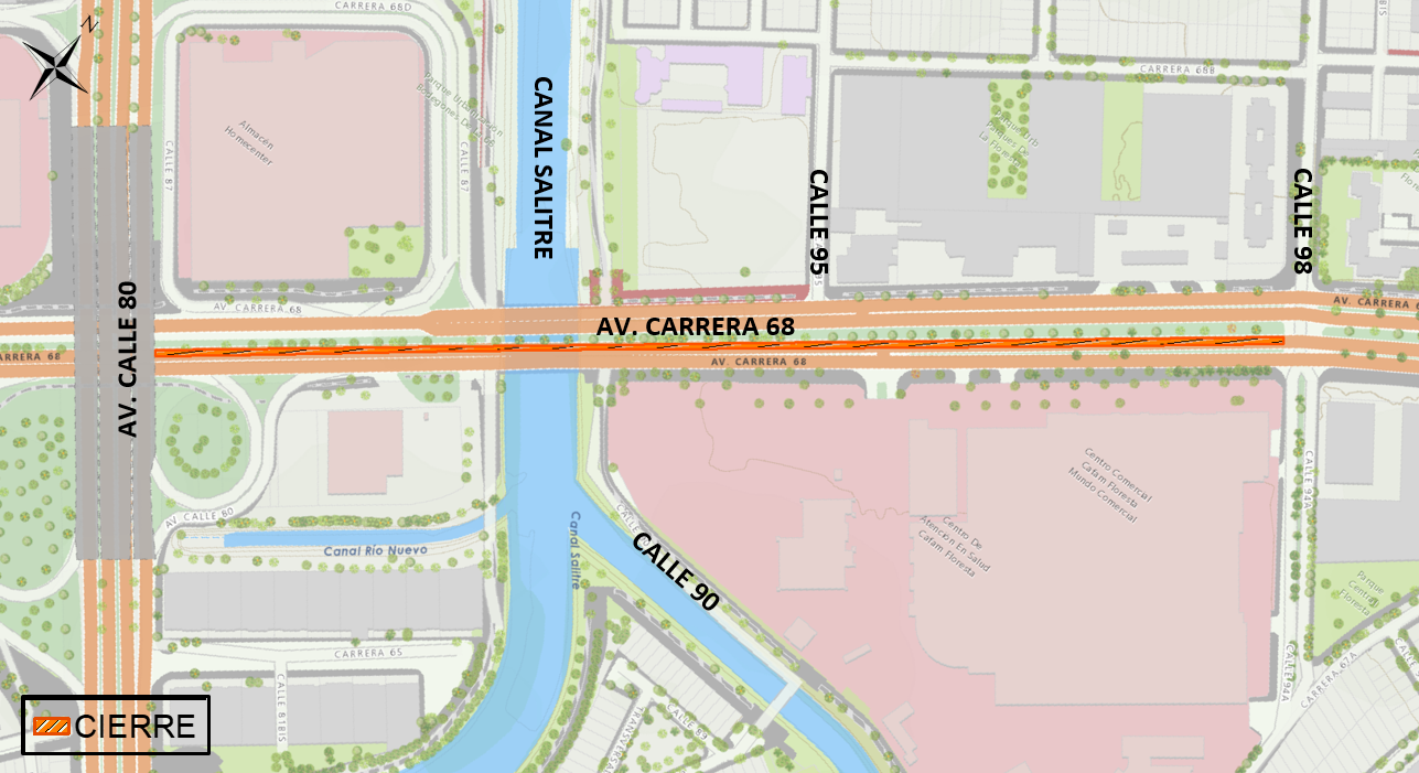 Cierre de carril en la Av. carrera 68 entre calle 80 y calle 98