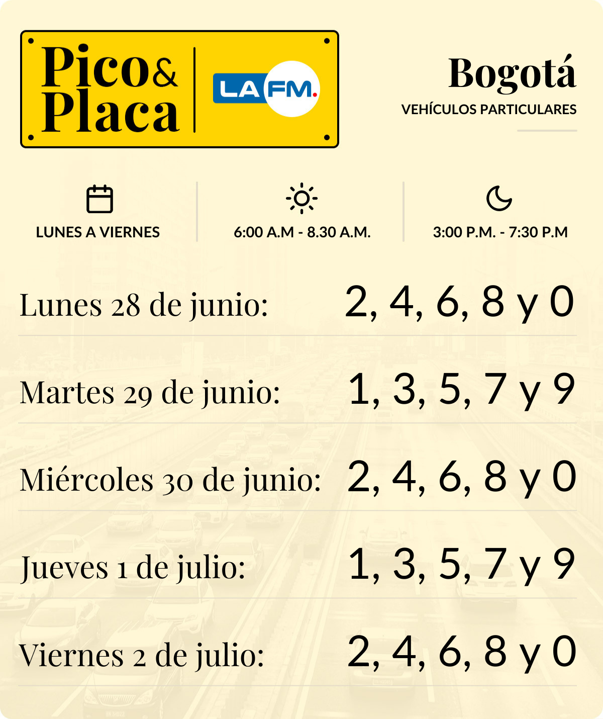 Pico y placa HOY Bogotá 28 de junio La FM