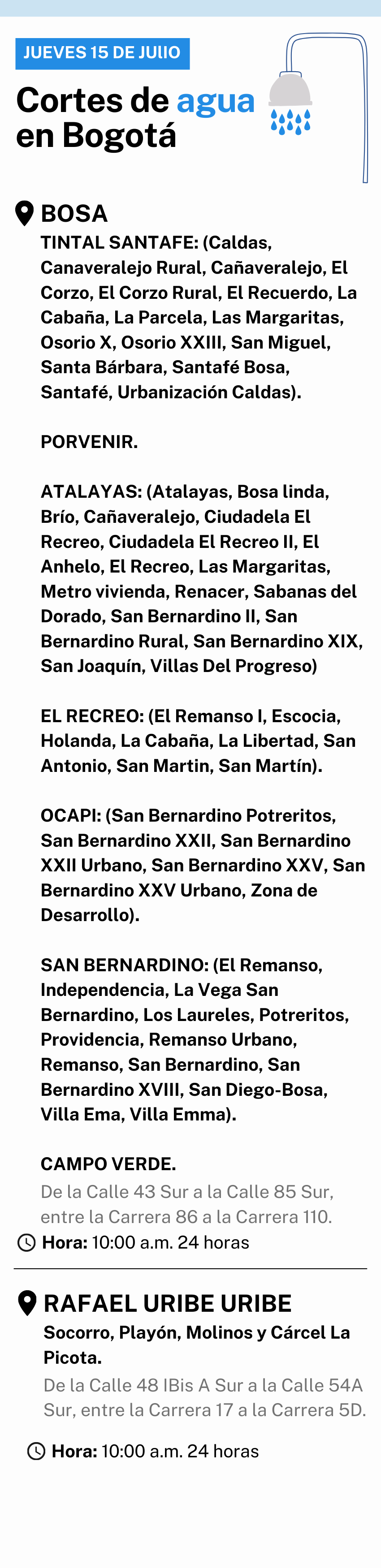 Cortes de agua en Bogotá jueves 15 de julio