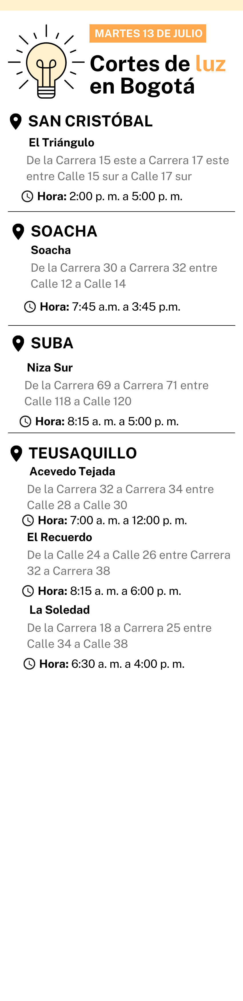 corte de luz bogota martes 13 de julio