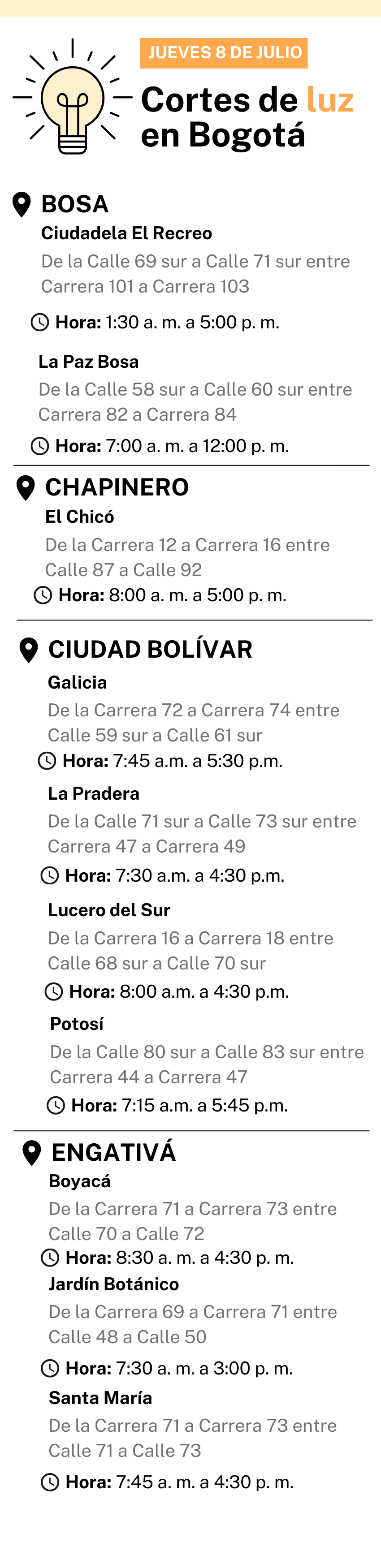 corte de luz bogotá para jueves 8 de julio