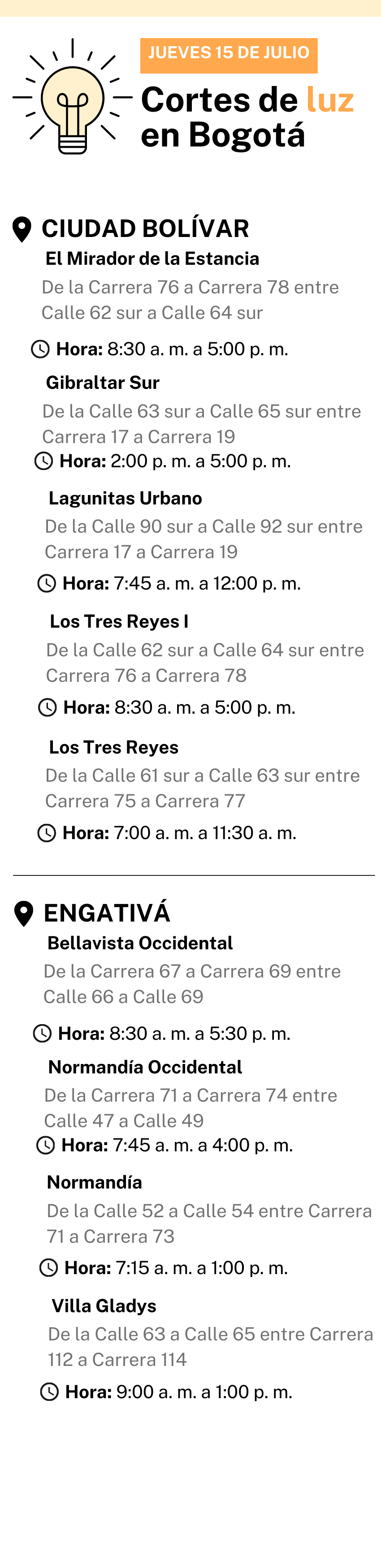 Corte de luz en Bogotá jueves 15 de julio