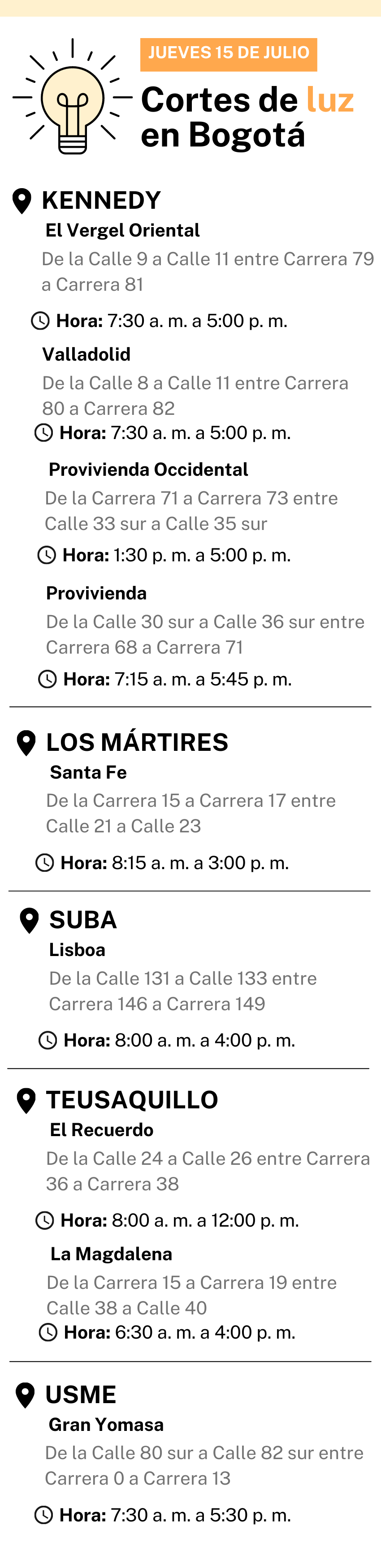 Corte de luz en Bogotá jueves 15 de julio