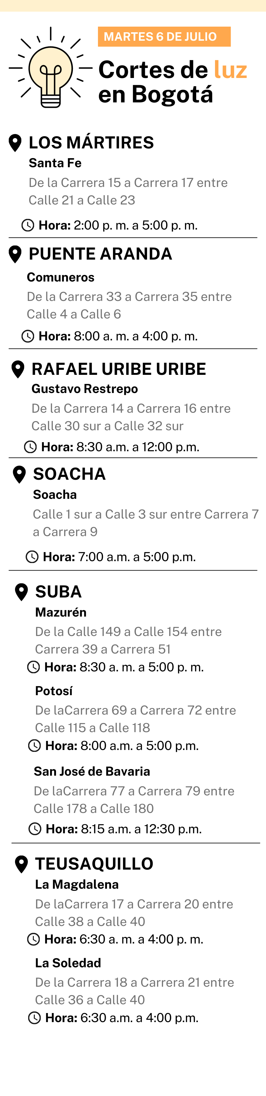 corte de luz bogota HOY 6 de julio
