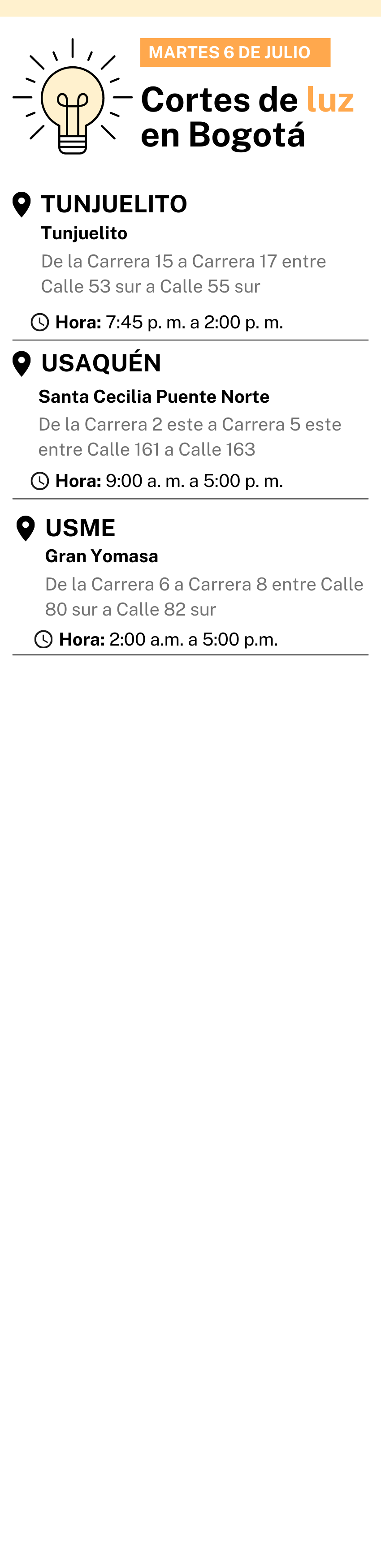 corte de luz bogota HOY 6 de julio