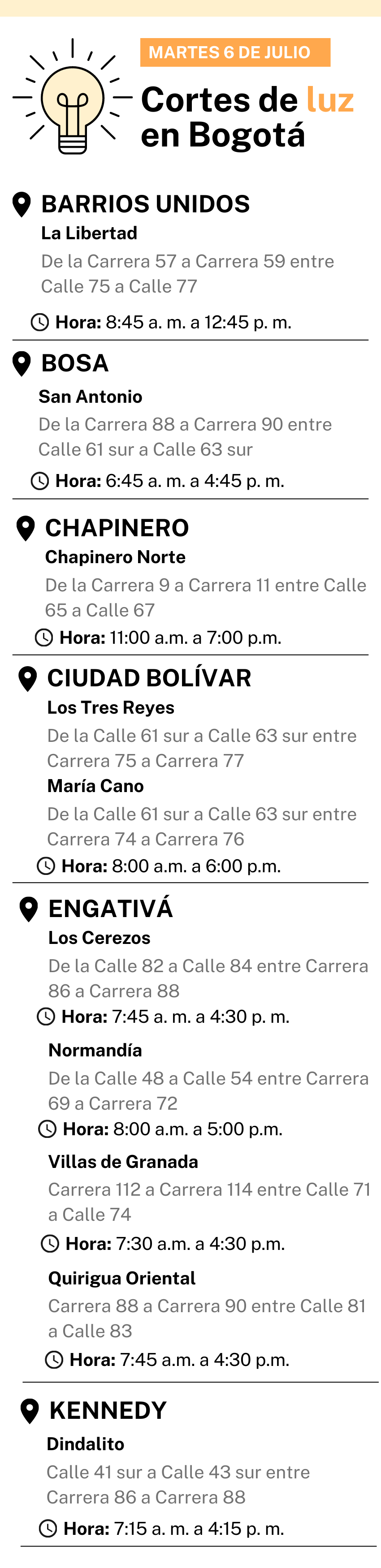corte de luz bogota HOY 6 de julio