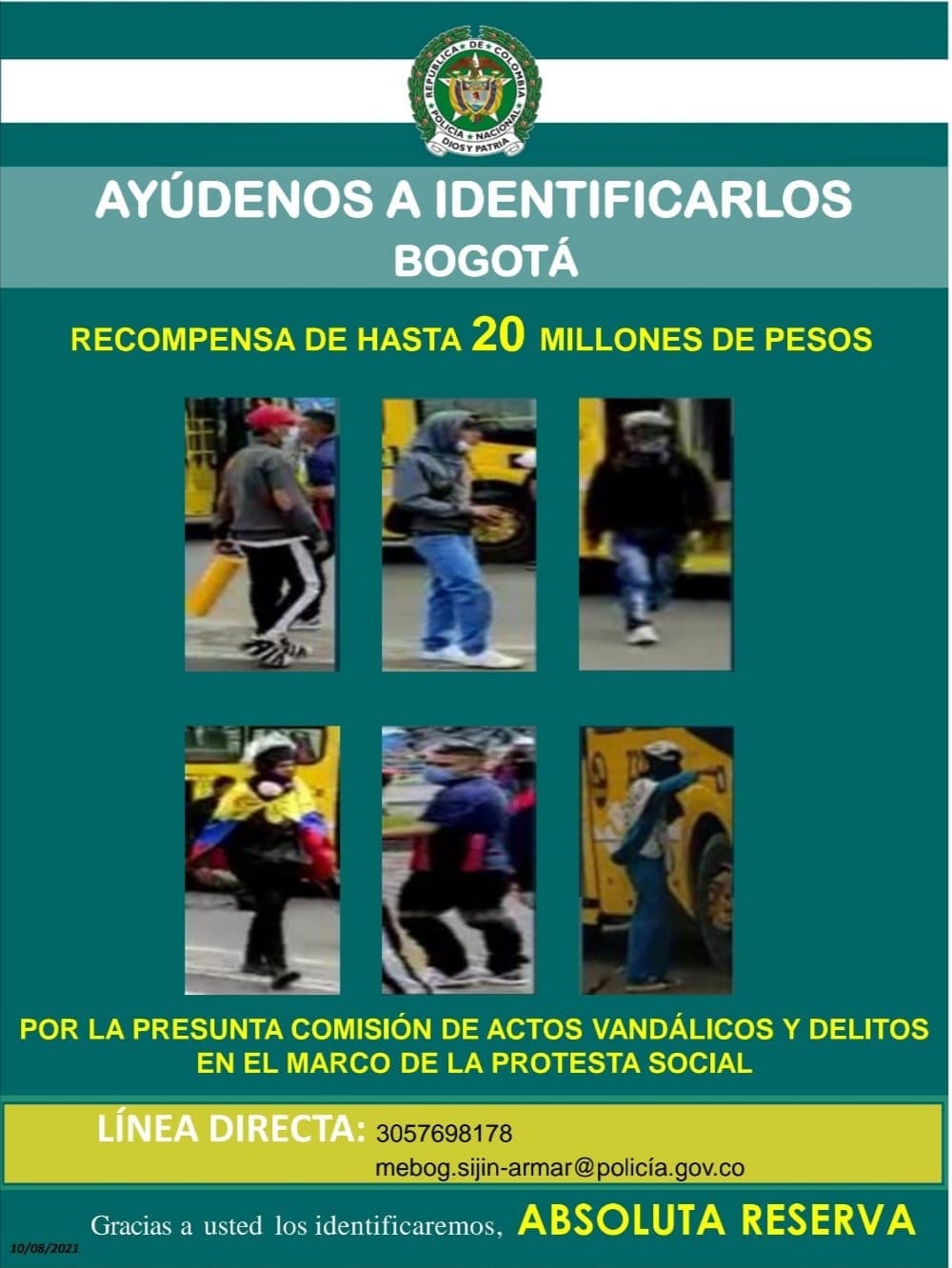 Carteles de las personas implicadas de incinerar un bus del sitp