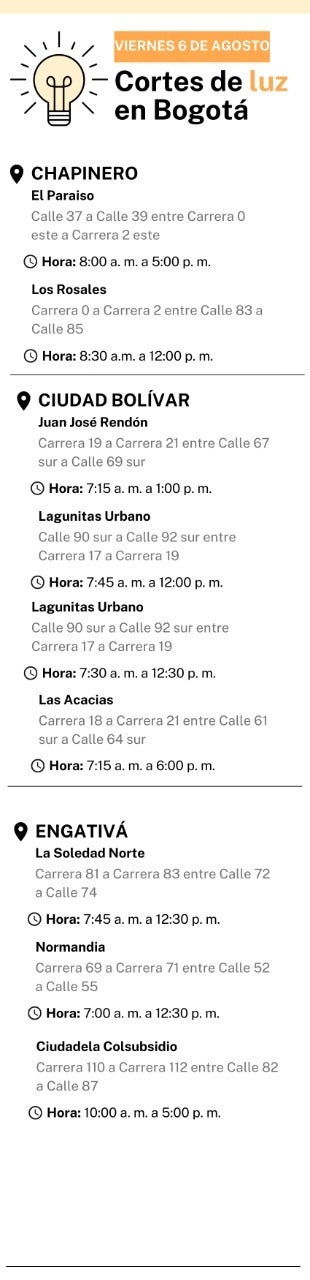 Cortes de luz en Bogotá 6 de agosto