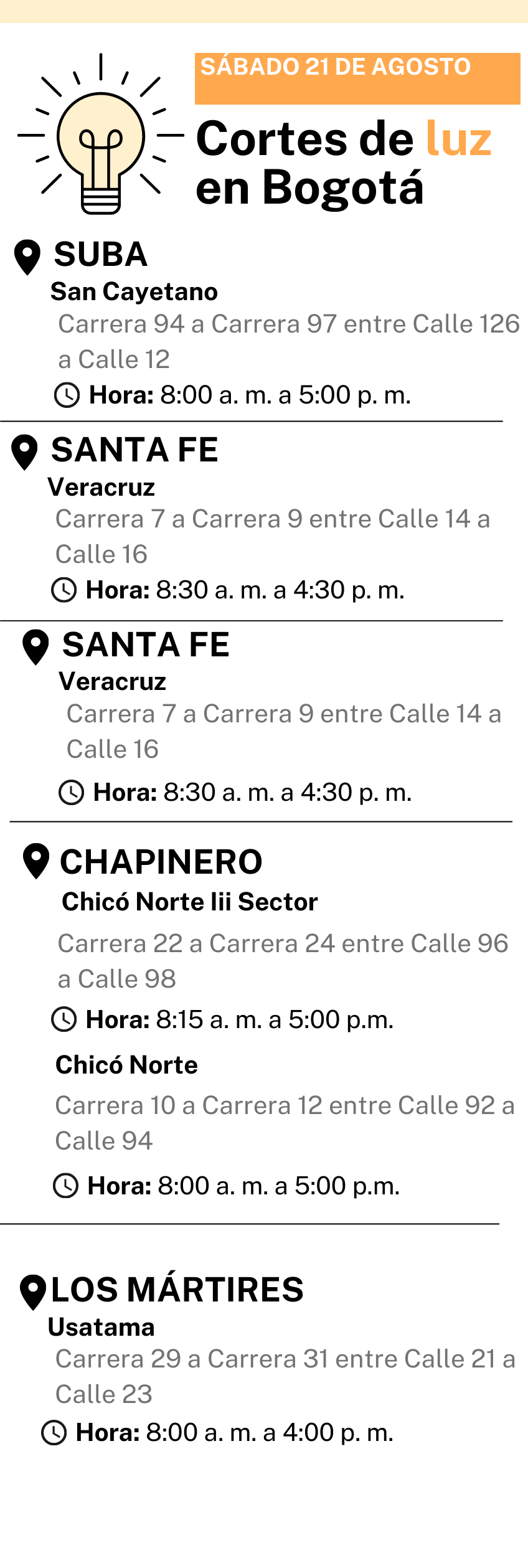 Cortes de luz, Bogotá-Sábado 21 de agosto