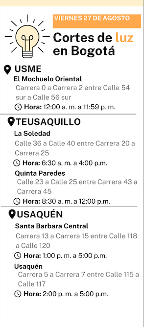 Cortes de luz en Bogotá 27 de agosto