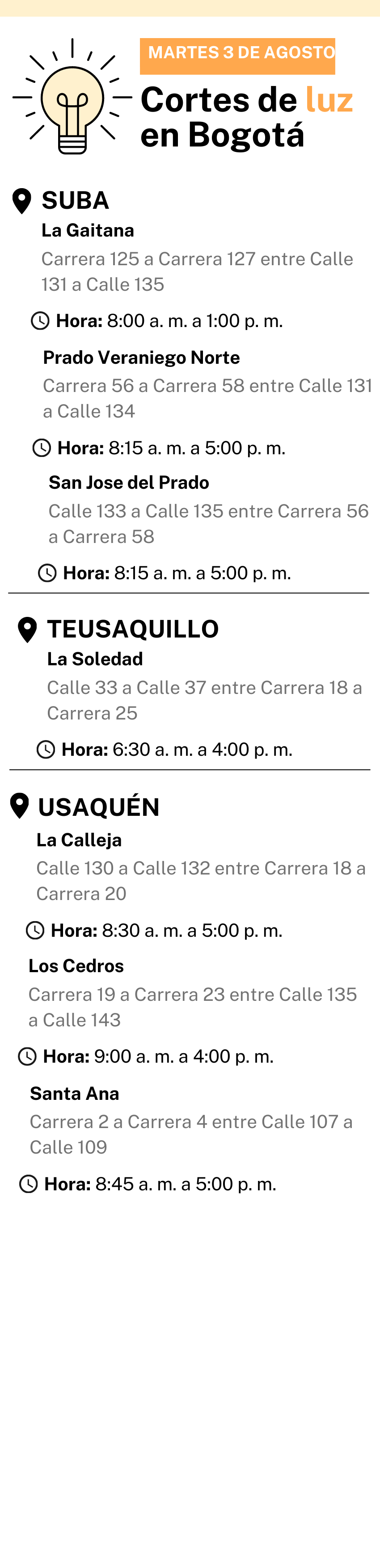 Cortes de luz en Bogotá 3 de agosto