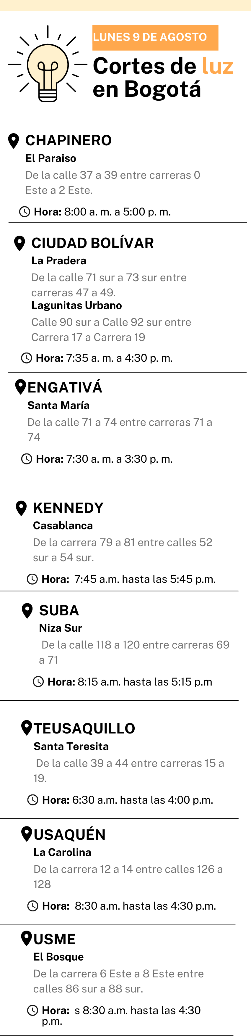 Cortes de Luz en Bogotá 9 de agosto