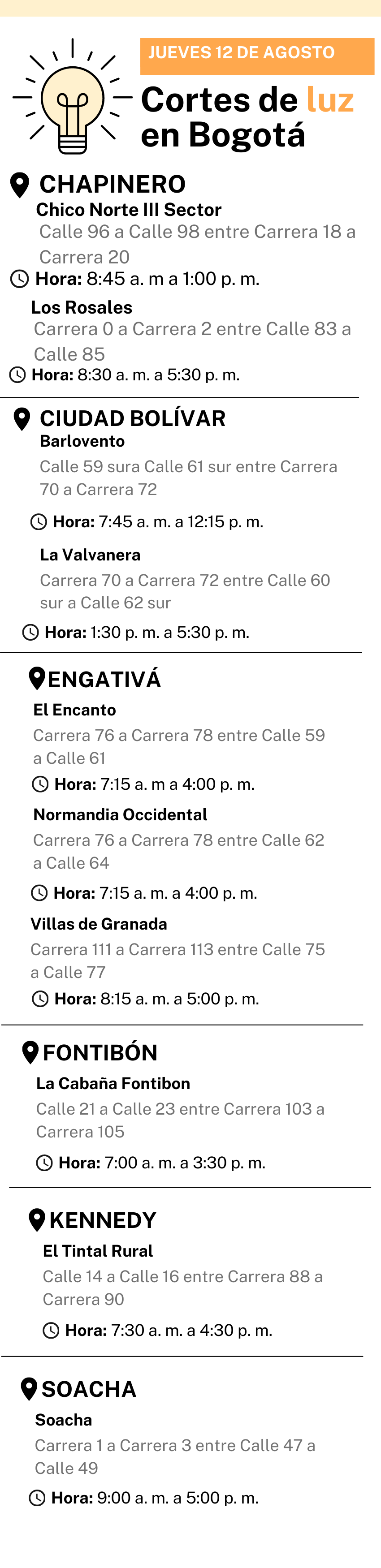 Cortes de Luz en Bogotá para este 12 de agosto