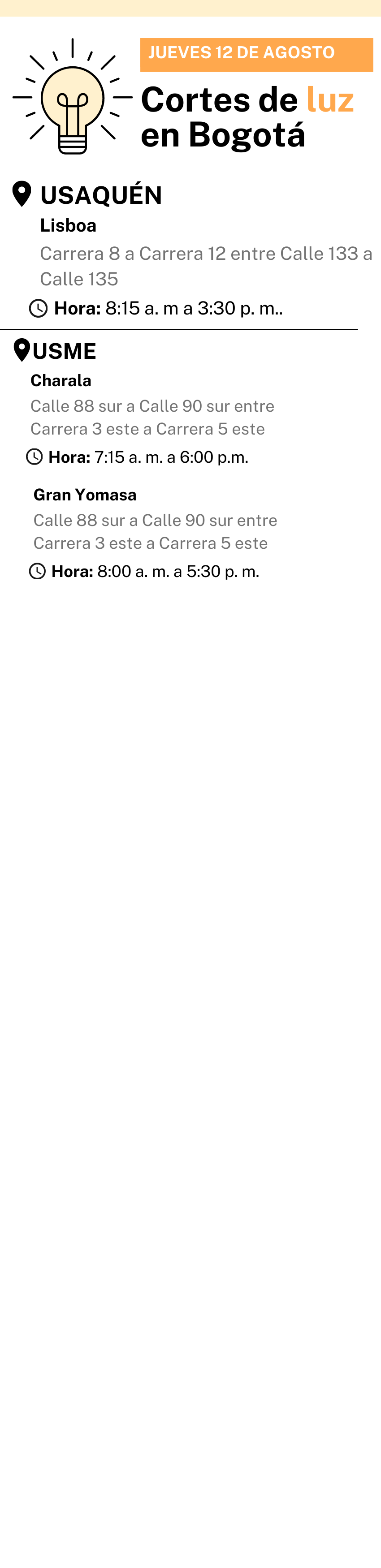 Cortes de Luz en Bogotá para este 12 de agosto