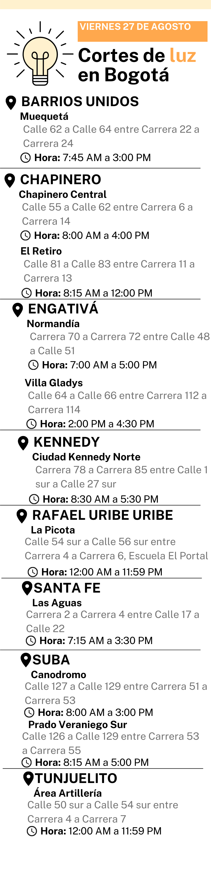 Cortes de luz en Bogotá 27 de agosto