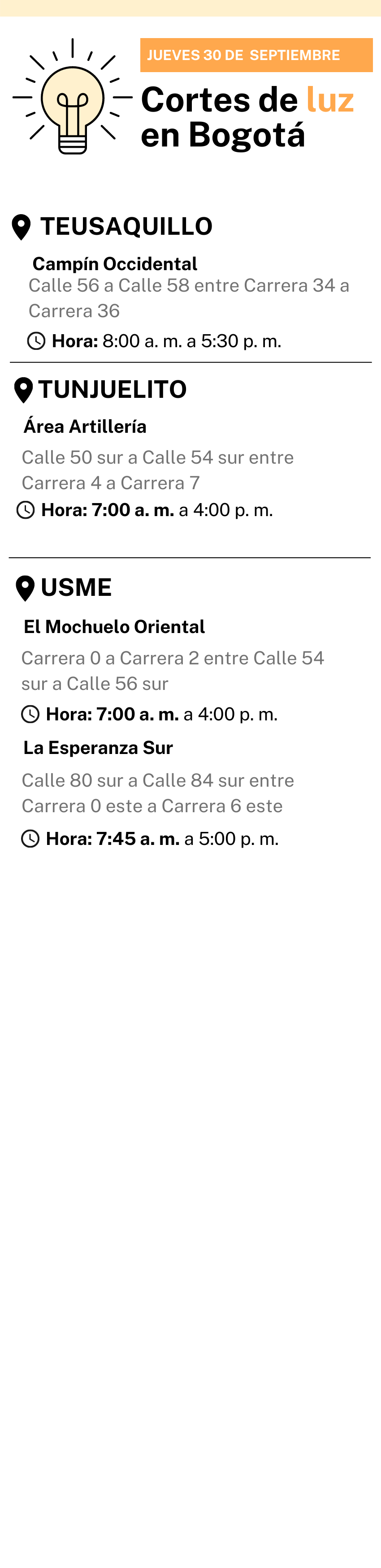 Cortes de luz 30 de septiembre