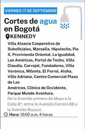 Cortes de agua en Bogotá viernes este 17 de septiembre