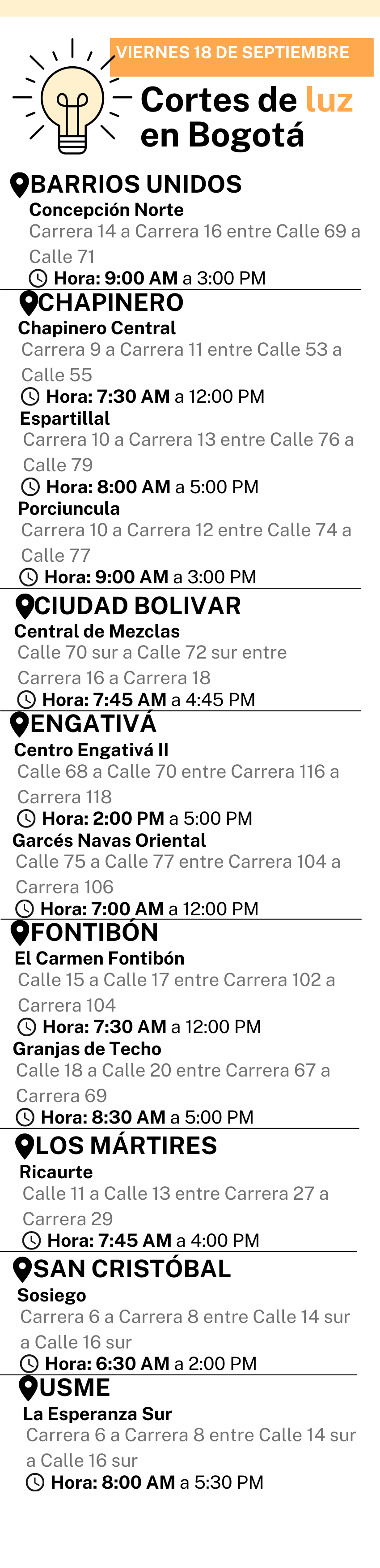 Cortes de luz en Bogotá 17 de septiembre