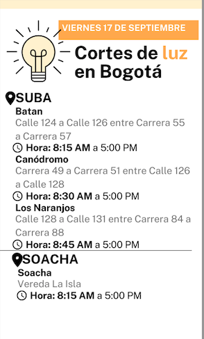 Cortes de luz en Bogotá 17 de septiembre
