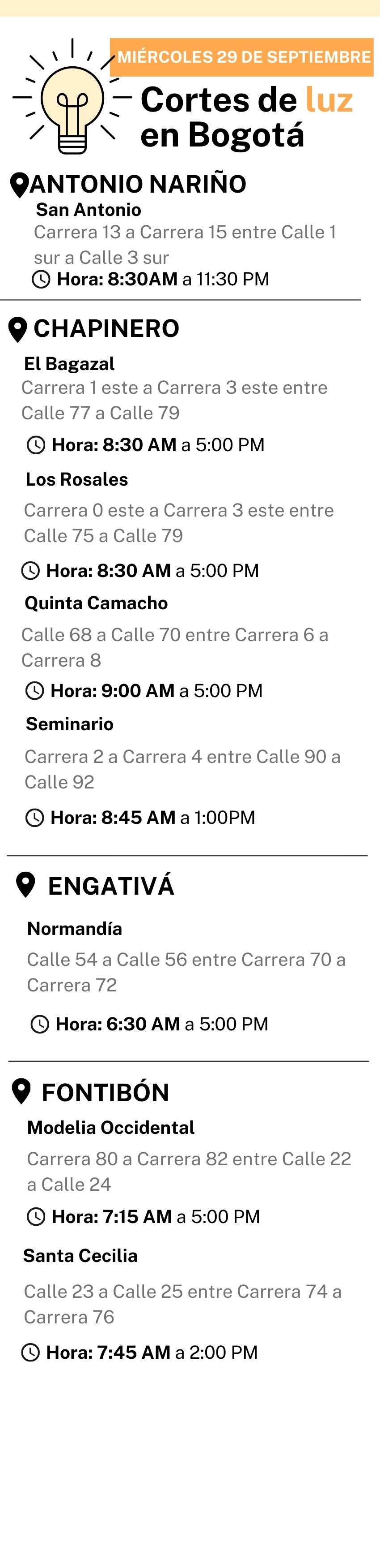 Cortes de luz 29 de septiembre