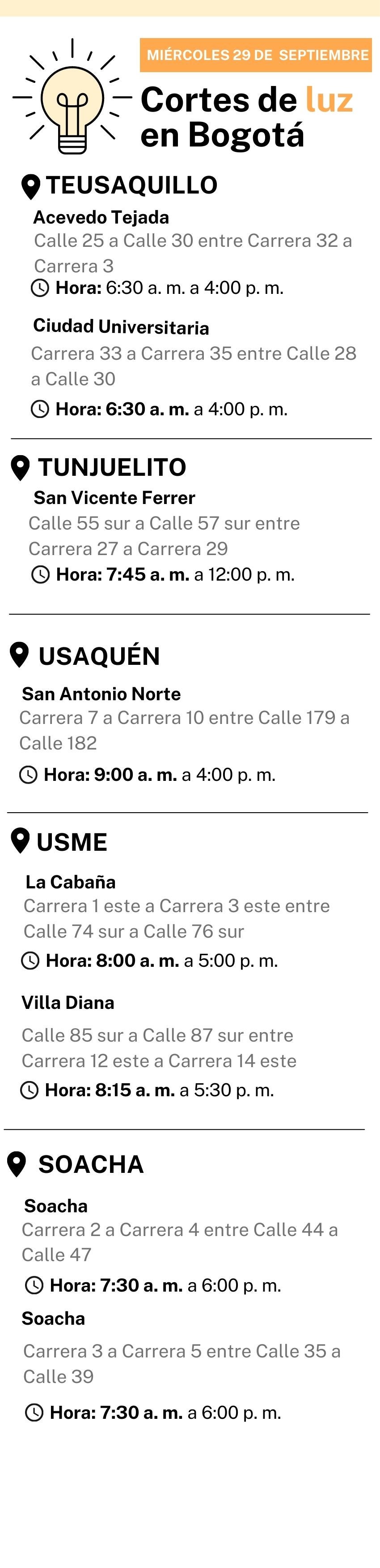 Cortes de luz 29 de septiembre