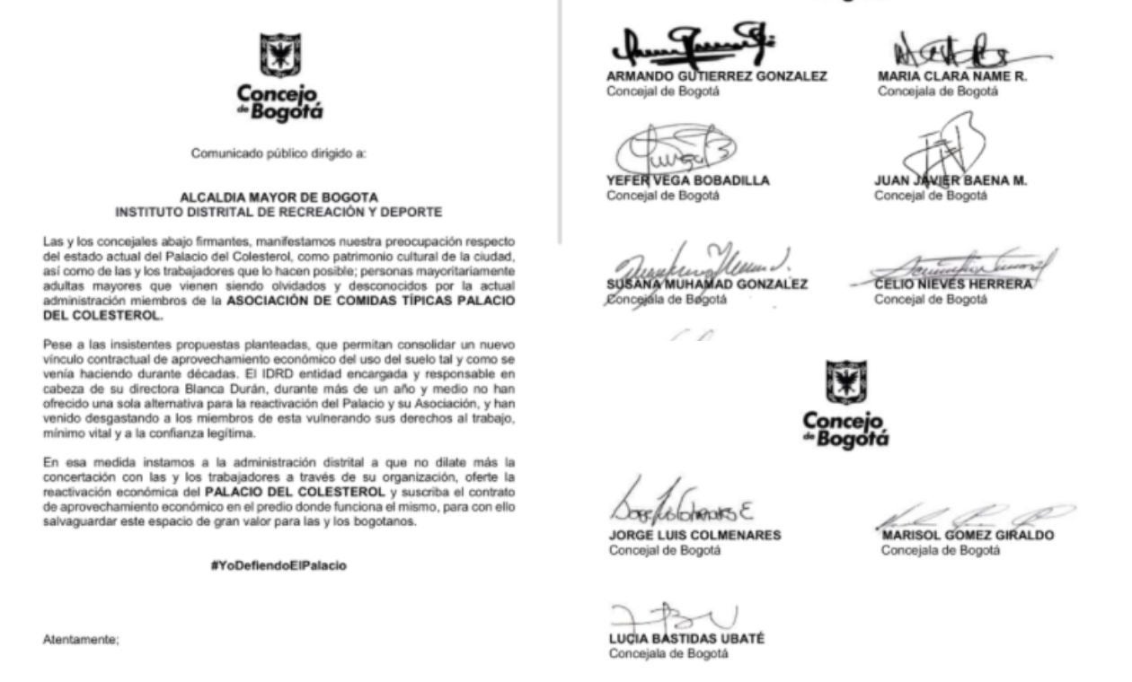 Carta firmada por 23 Concejales de Bogotá