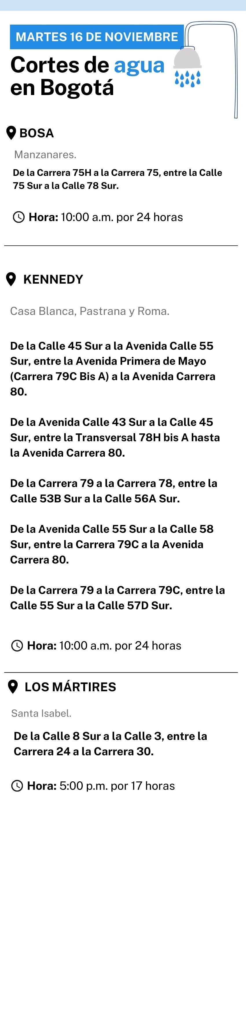 Cortes de agua en Bogotá para este martes 16 de noviembre