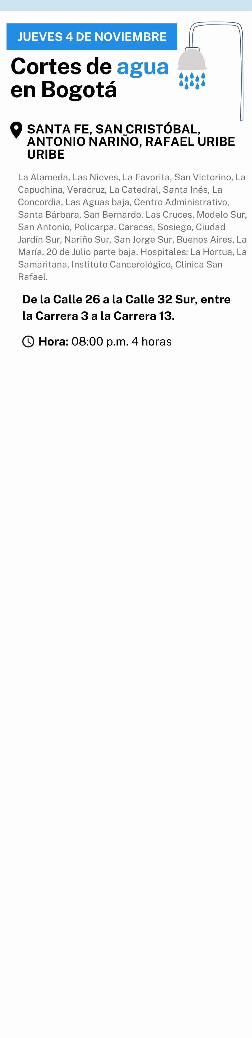 Cortes de agua en Bogotá para este 4 de noviembre