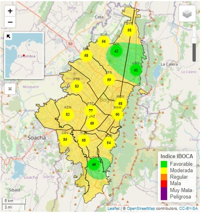 Mapa calidad del aire en Bogotá hoy 10 de febrero