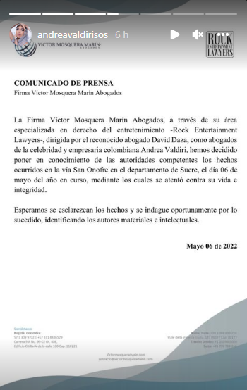 Comunicado de Andrea Valdiri sobre ataque del que fue víctima