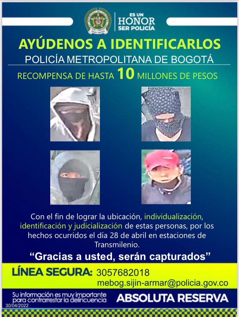 Cartel de los buscados por protestas del 28 de abril en Bogotá