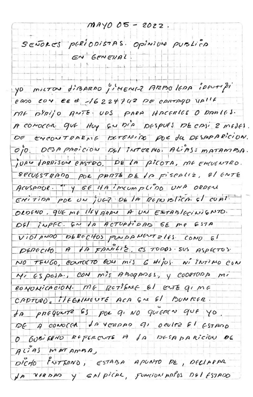 Carta del dragoneante Miltón Jiménez, capturado por su presunta participación en la fuga de alias 'Matamba'