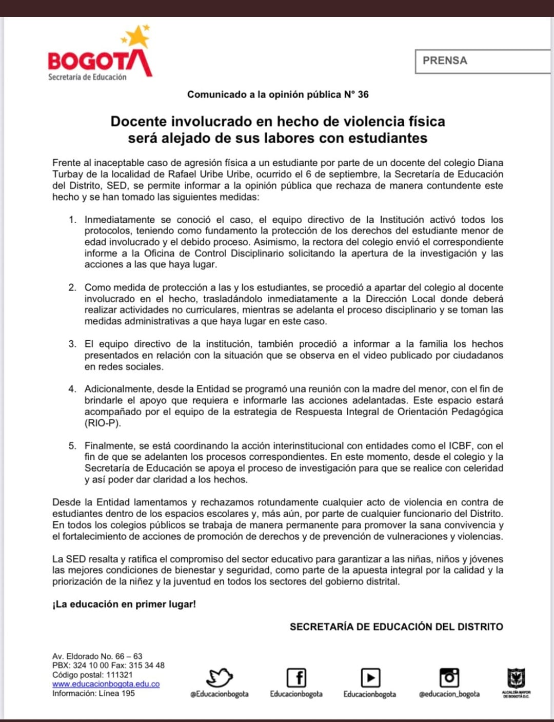 Respuesta Secretaría de Educación