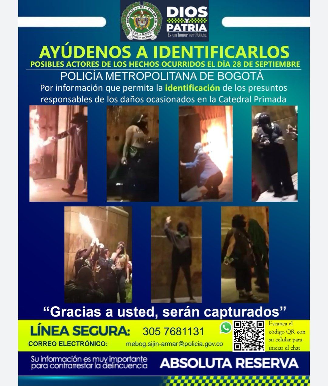 Autoridades publican cartel con los responsables de ataques a Catedral Primada en Bogotá