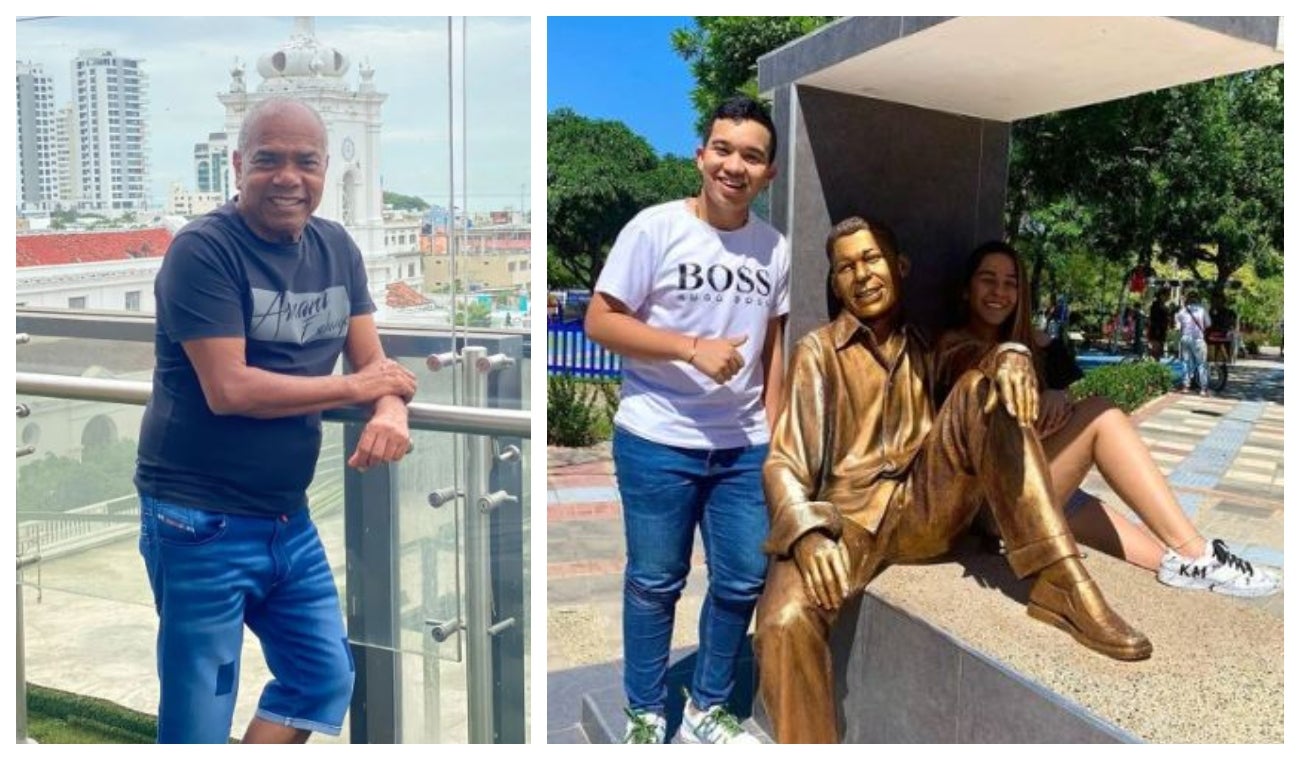 Miguel Morales y los hijos de Kaleth Morales junto a la estatua de su padre