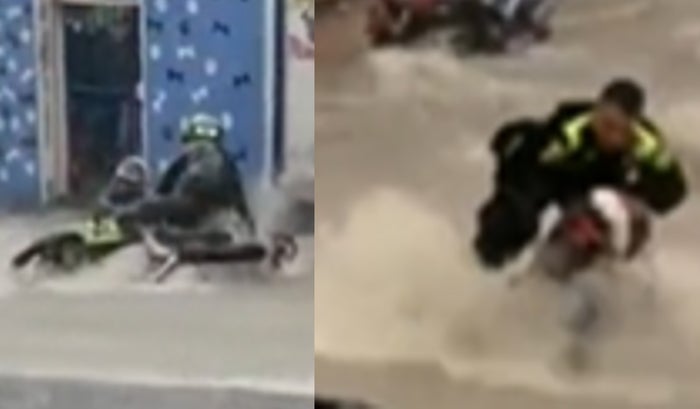Policía salvó a mujer arrastrada por corriente de agua en Bogotá