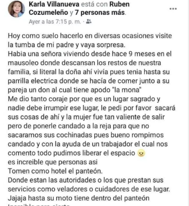 Denuncia Karla Villanueva por pareja que vivía en mausoleo