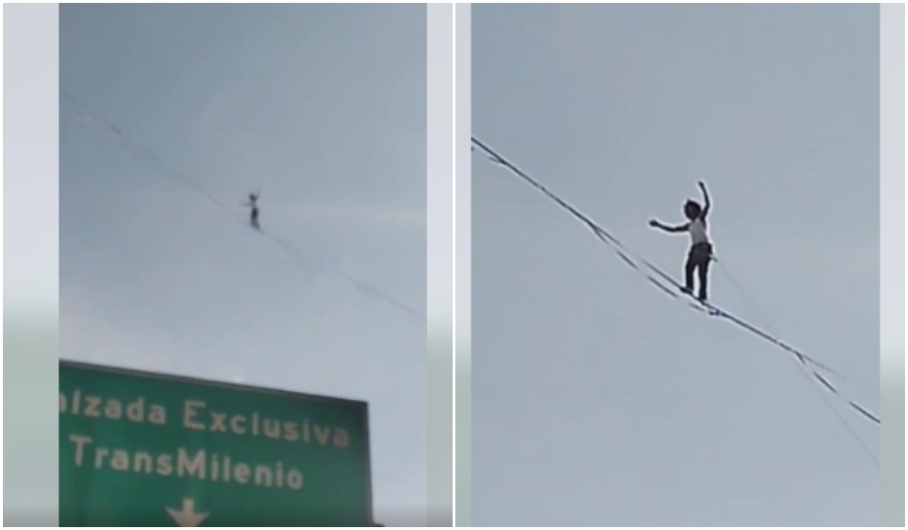 Acróbata arriesgó su vida haciendo equilibrio entre dos edificios en Bogotá