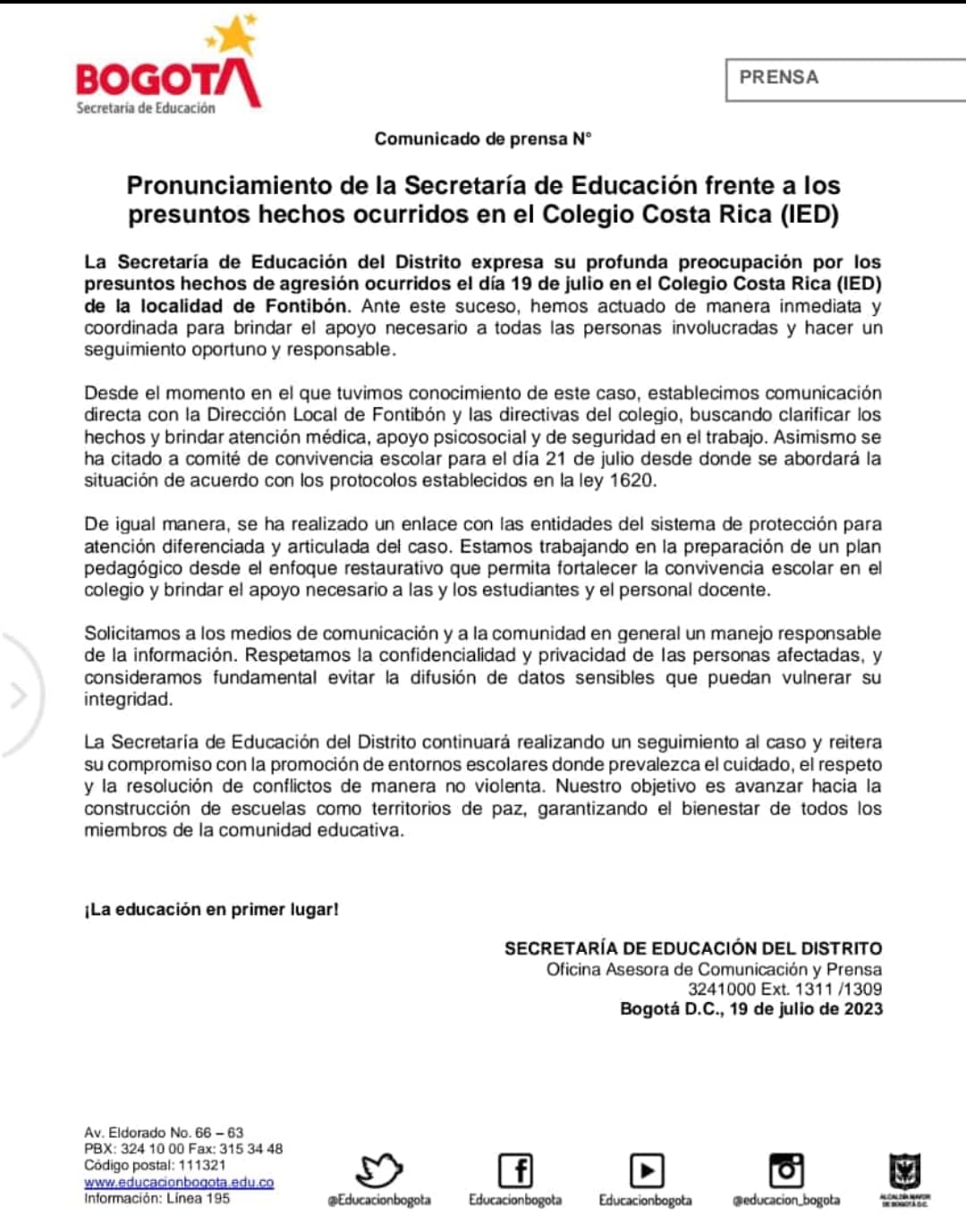 Comunicado Secretaría de Educación de Bogotá, profesora agredida en Fontibón.