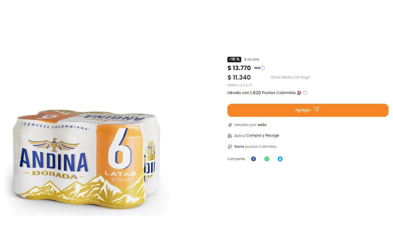 Cerveza barata en Colombia, precio en el Éxito