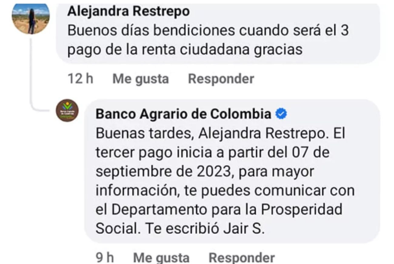 Respuesta del Banco agrario de pago de Renta Ciudadana