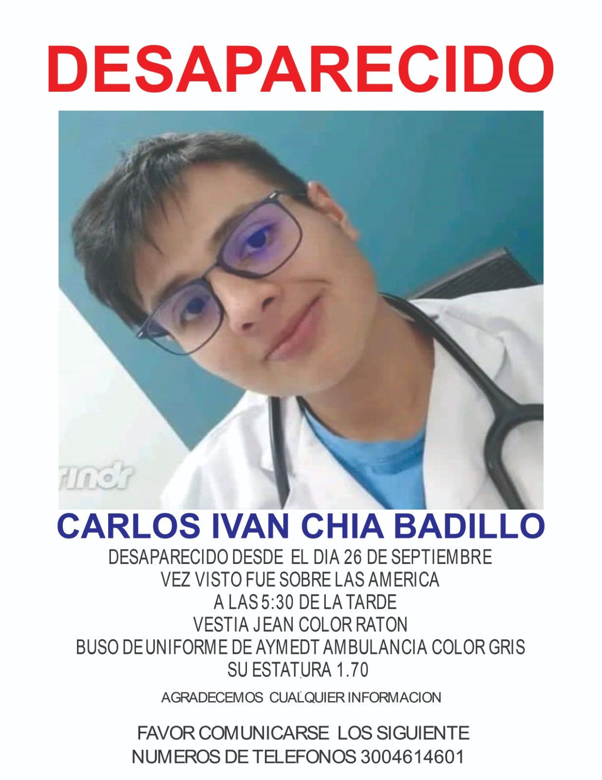 Médico de 24 años desaparecido en Bogotá