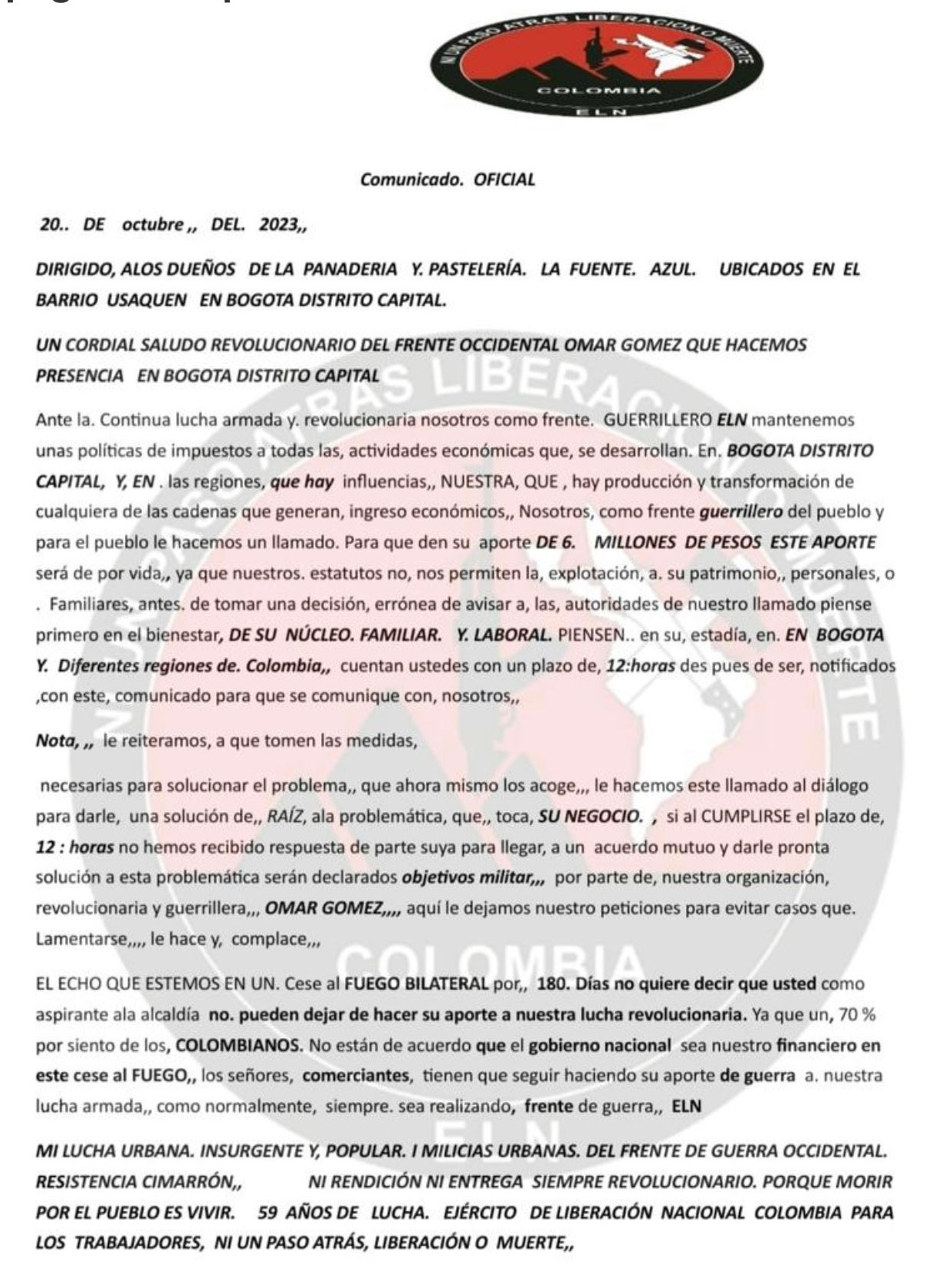 Extorsiones del ELN a comerciantes en Bogotá